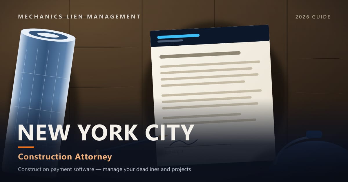 Construction Attorney — construction paperwork on a site desk with a blueprint roll and hard hat (Mechanics Lien Management Construction Attorney guide, 2026)