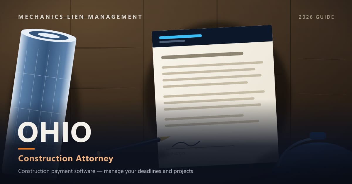 Ohio Construction Attorney — construction paperwork on a site desk with a blueprint roll and hard hat (Mechanics Lien Management Construction Attorney guide, 2026)