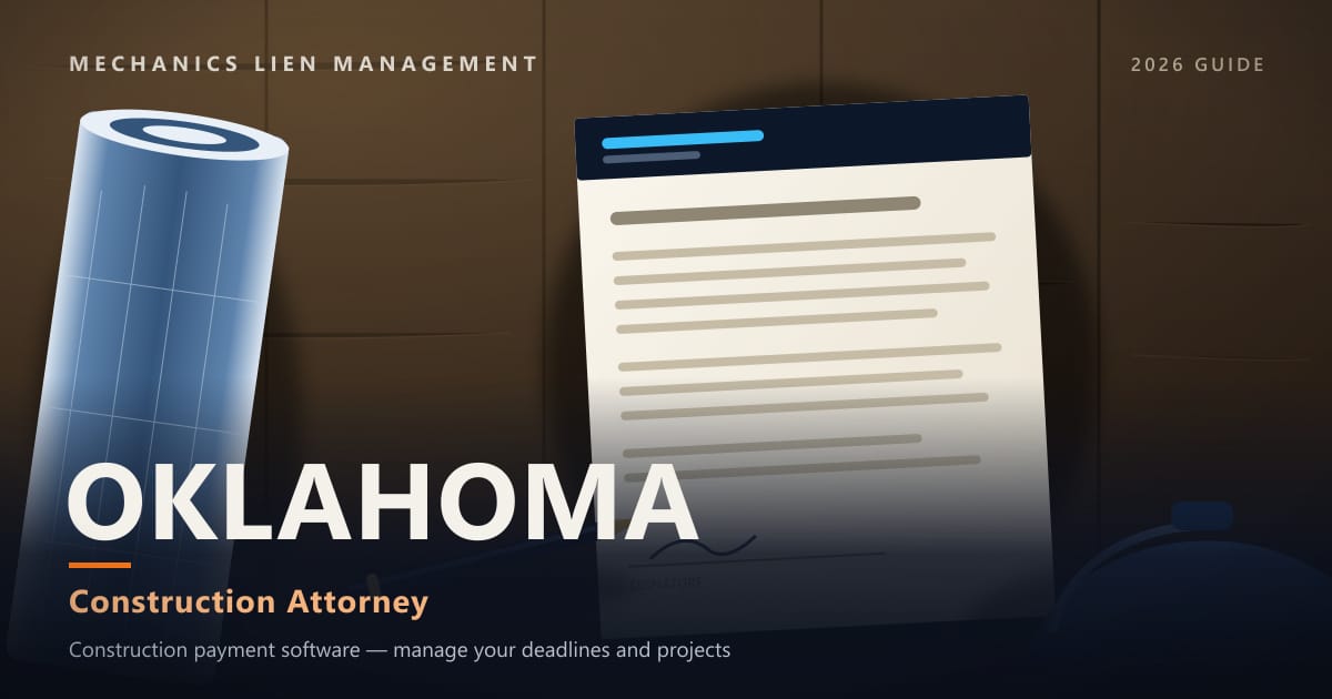 Oklahoma Construction Attorney — construction paperwork on a site desk with a blueprint roll and hard hat (Mechanics Lien Management Construction Attorney guide, 2026)