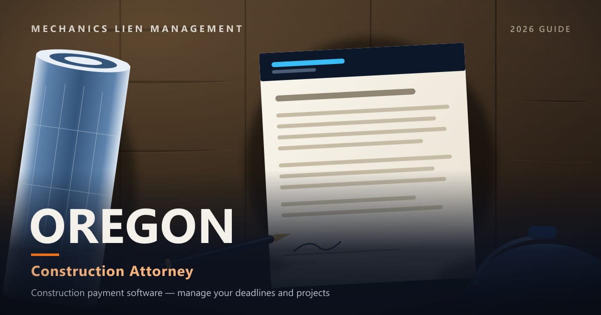 Oregon Construction Attorney — construction paperwork on a site desk with a blueprint roll and hard hat (Mechanics Lien Management Construction Attorney guide, 2026)