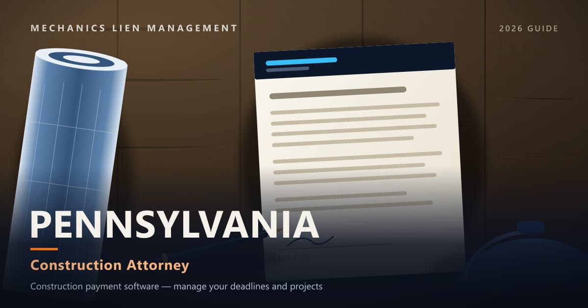 Pennsylvania Construction Attorney — construction paperwork on a site desk with a blueprint roll and hard hat (Mechanics Lien Management Construction Attorney guide, 2026)