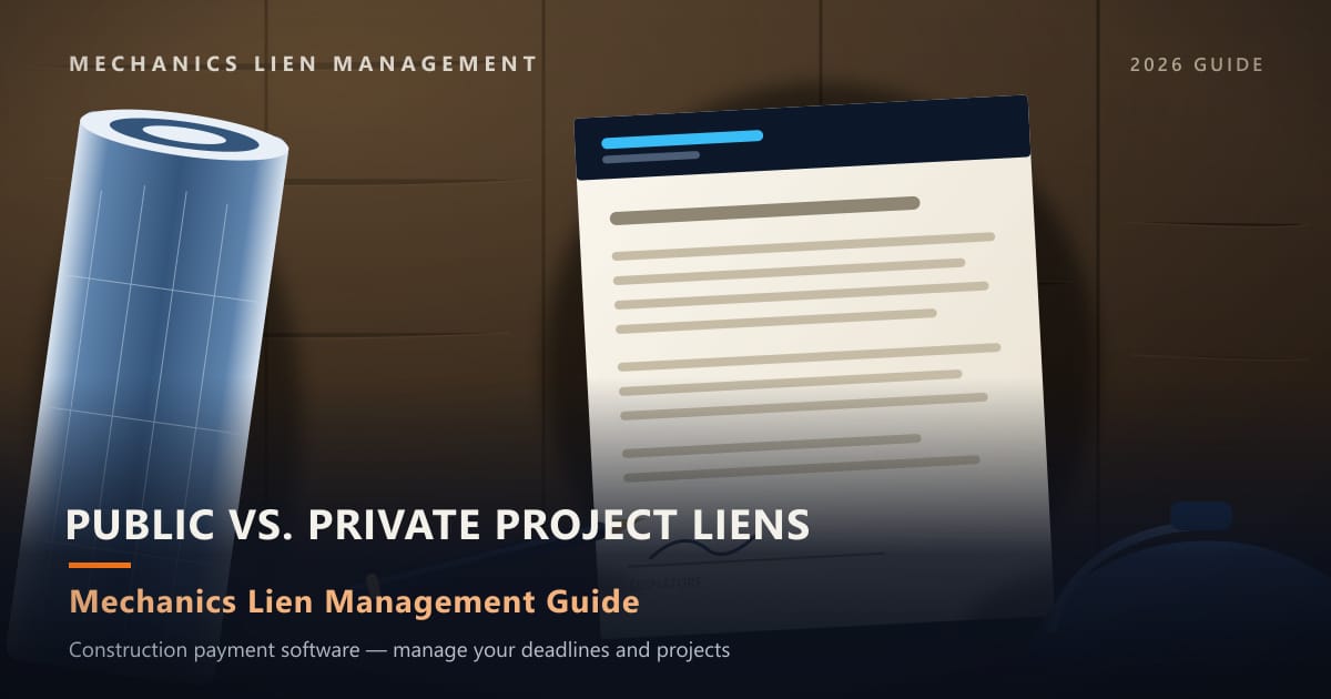 Public vs. Private Project Liens — construction paperwork on a site desk with a blueprint roll and hard hat (Mechanics Lien Management Public vs. Private Project Liens guide, 2026)