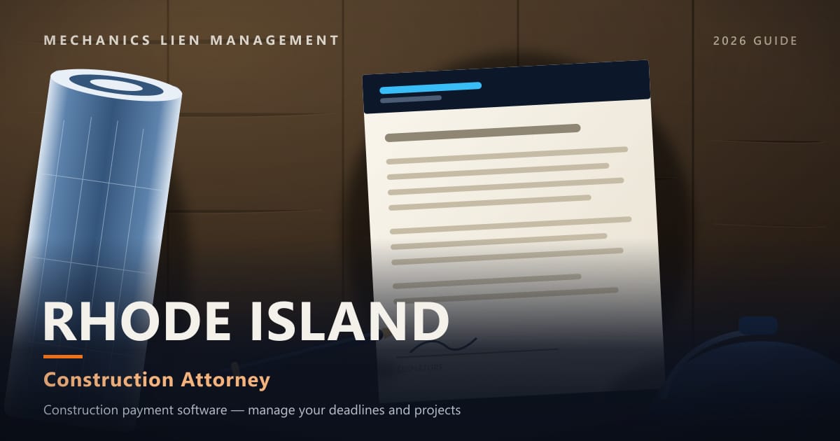Rhode Island Construction Attorney — construction paperwork on a site desk with a blueprint roll and hard hat (Mechanics Lien Management Construction Attorney guide, 2026)
