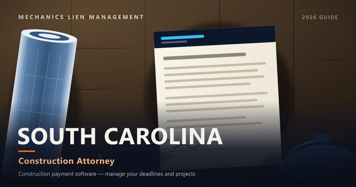 South Carolina Construction Attorney — construction paperwork on a site desk with a blueprint roll and hard hat (Mechanics Lien Management Construction Attorney guide, 2026)