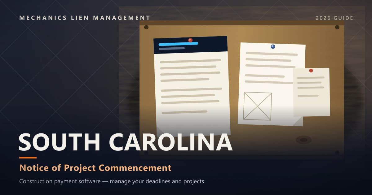 South Carolina Notice of Project Commencement — official construction notices posted on a jobsite permit board (Mechanics Lien Management Notice of Project Commencement guide, 2026)