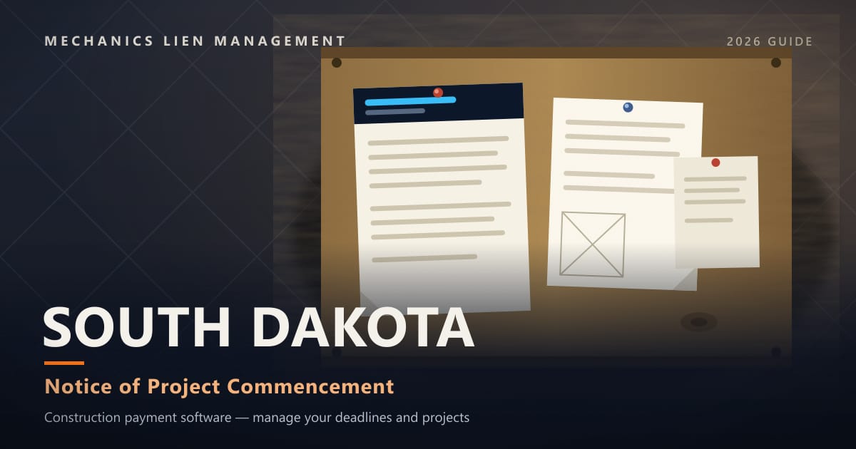 South Dakota Notice of Project Commencement — official construction notices posted on a jobsite permit board (Mechanics Lien Management Notice of Project Commencement guide, 2026)
