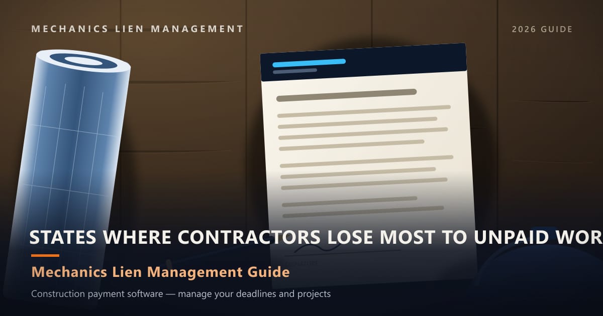 States Where Contractors Lose Most to Unpaid Work — construction paperwork on a site desk with a blueprint roll and hard hat (Mechanics Lien Management States Where Contractors Lose Most to Unpaid Work guide, 2026)