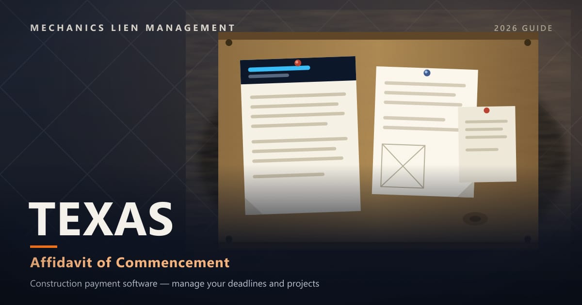 Texas Affidavit of Commencement — official construction notices posted on a jobsite permit board (Mechanics Lien Management Affidavit of Commencement guide, 2026)