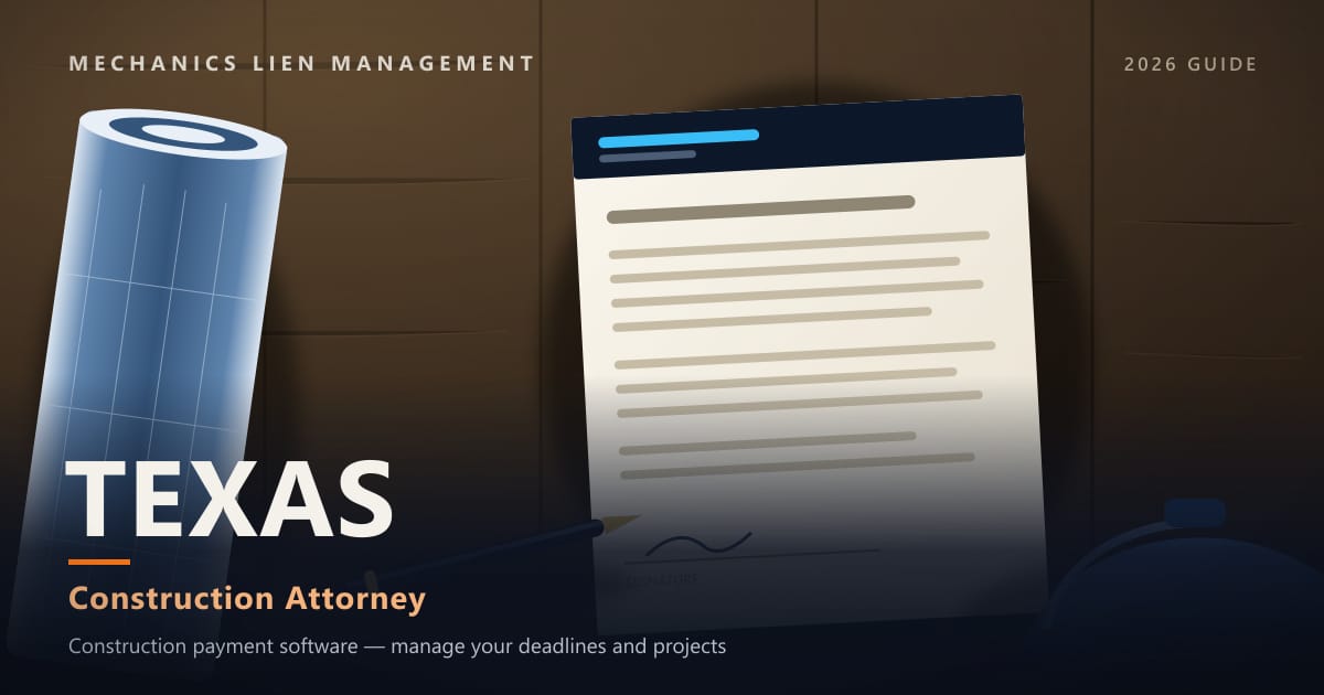 Texas Construction Attorney — construction paperwork on a site desk with a blueprint roll and hard hat (Mechanics Lien Management Construction Attorney guide, 2026)