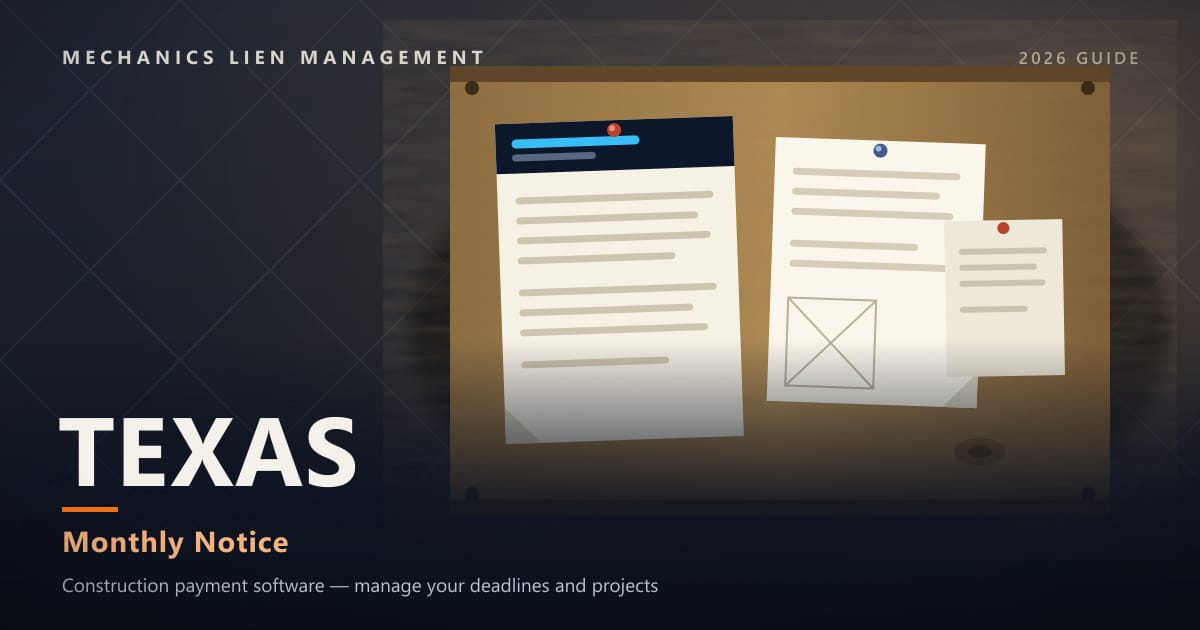 Texas Monthly Notice — official construction notices posted on a jobsite permit board (Mechanics Lien Management Monthly Notice guide, 2026)