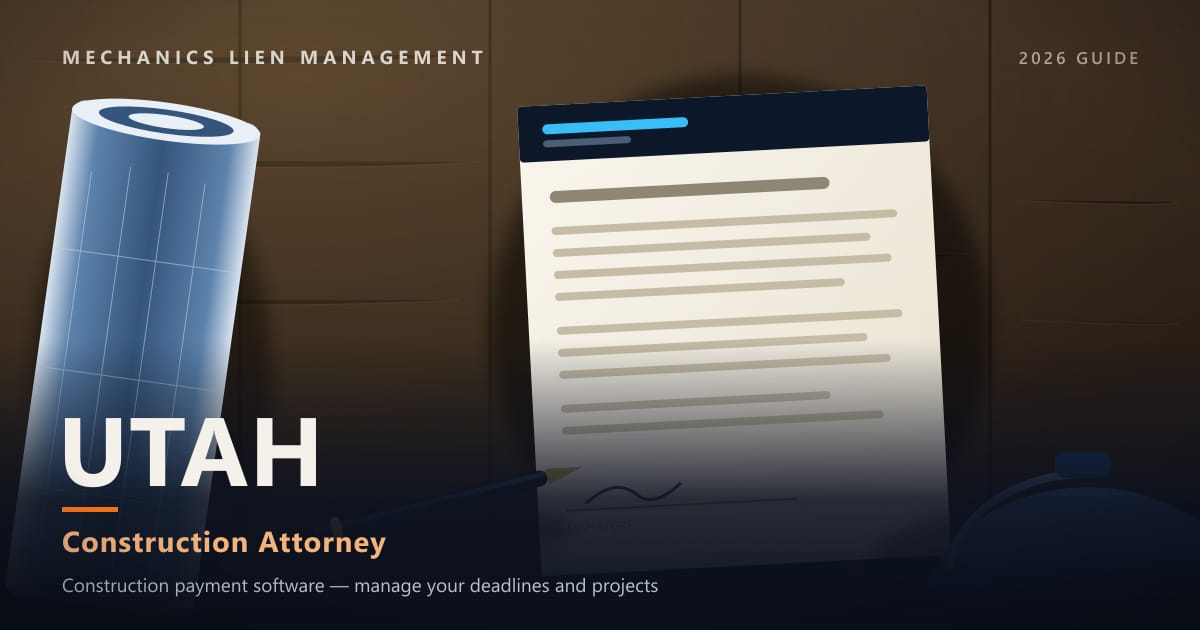 Utah Construction Attorney — construction paperwork on a site desk with a blueprint roll and hard hat (Mechanics Lien Management Construction Attorney guide, 2026)