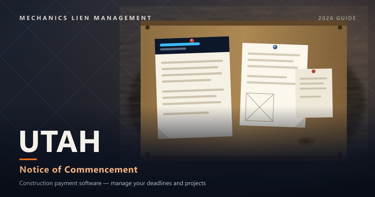 Utah Notice of Commencement — official construction notices posted on a jobsite permit board (Mechanics Lien Management Notice of Commencement guide, 2026)