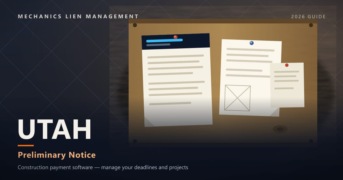 Utah Preliminary Notice — official construction notices posted on a jobsite permit board (Mechanics Lien Management Preliminary Notice guide, 2026)