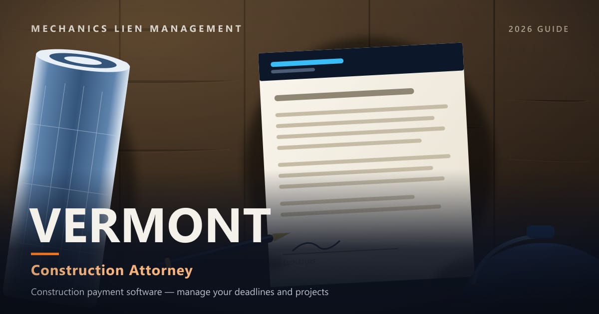Vermont Construction Attorney — construction paperwork on a site desk with a blueprint roll and hard hat (Mechanics Lien Management Construction Attorney guide, 2026)