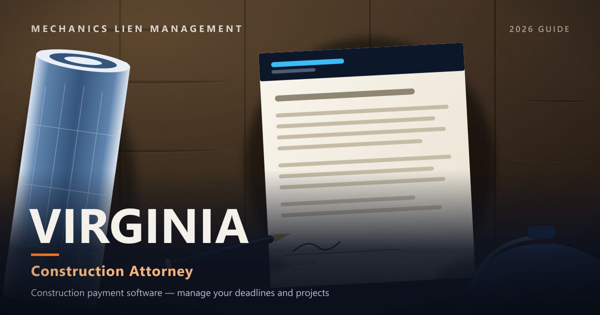 Virginia Construction Attorney — construction paperwork on a site desk with a blueprint roll and hard hat (Mechanics Lien Management Construction Attorney guide, 2026)