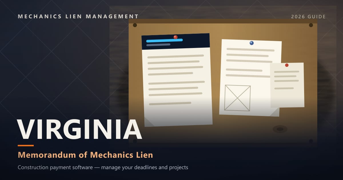 Virginia Memorandum of Mechanics Lien — official construction notices posted on a jobsite permit board (Mechanics Lien Management Memorandum of Mechanics Lien guide, 2026)