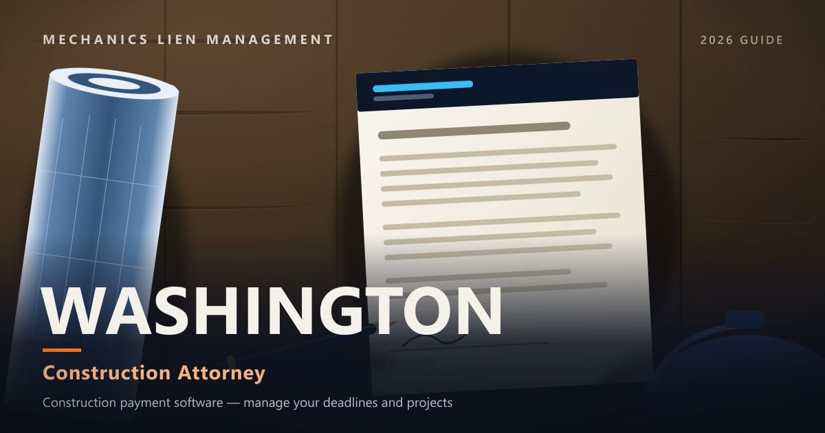 Washington Construction Attorney — construction paperwork on a site desk with a blueprint roll and hard hat (Mechanics Lien Management Construction Attorney guide, 2026)
