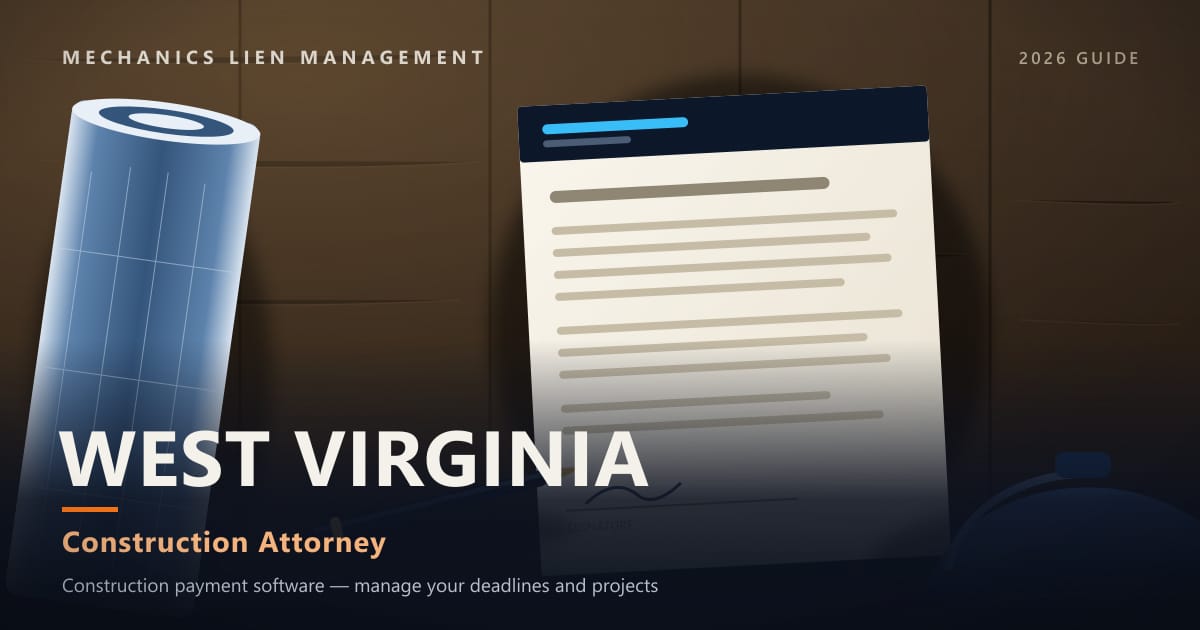 West Virginia Construction Attorney — construction paperwork on a site desk with a blueprint roll and hard hat (Mechanics Lien Management Construction Attorney guide, 2026)
