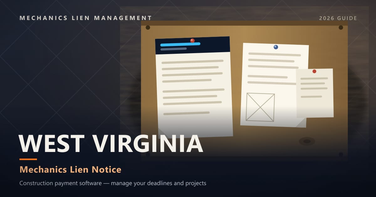 West Virginia Mechanics Lien Notice — official construction notices posted on a jobsite permit board (Mechanics Lien Management Mechanics Lien Notice guide, 2026)