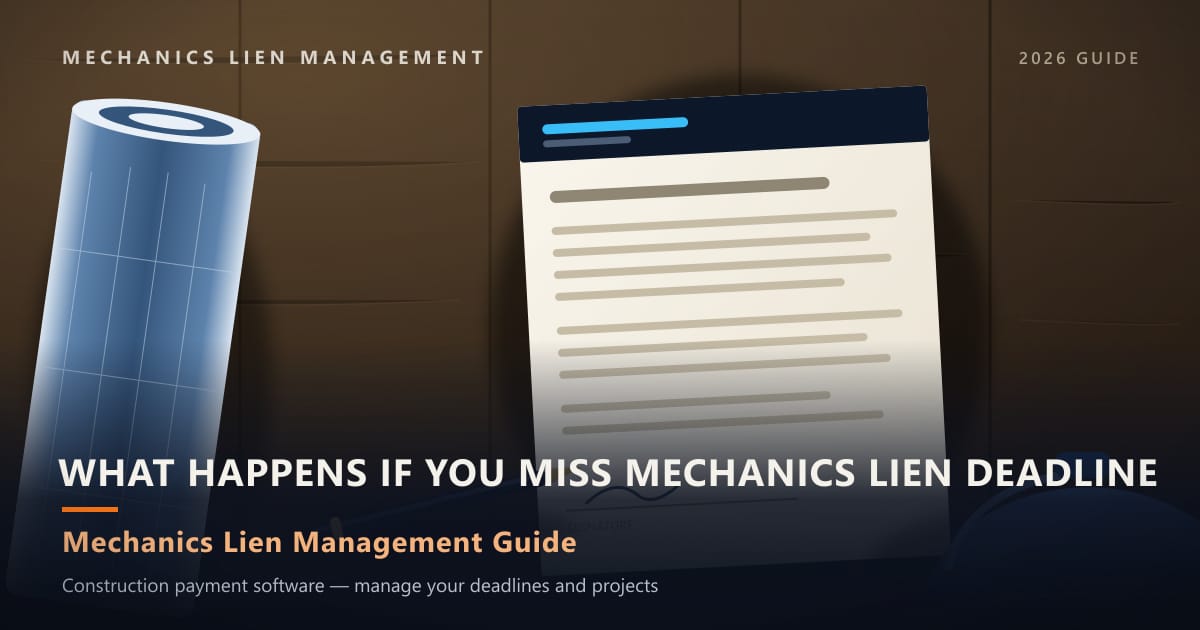 What Happens IF You Miss Mechanics Lien Deadline — construction paperwork on a site desk with a blueprint roll and hard hat (Mechanics Lien Management What Happens IF You Miss Mechanics Lien Deadline guide, 2026)