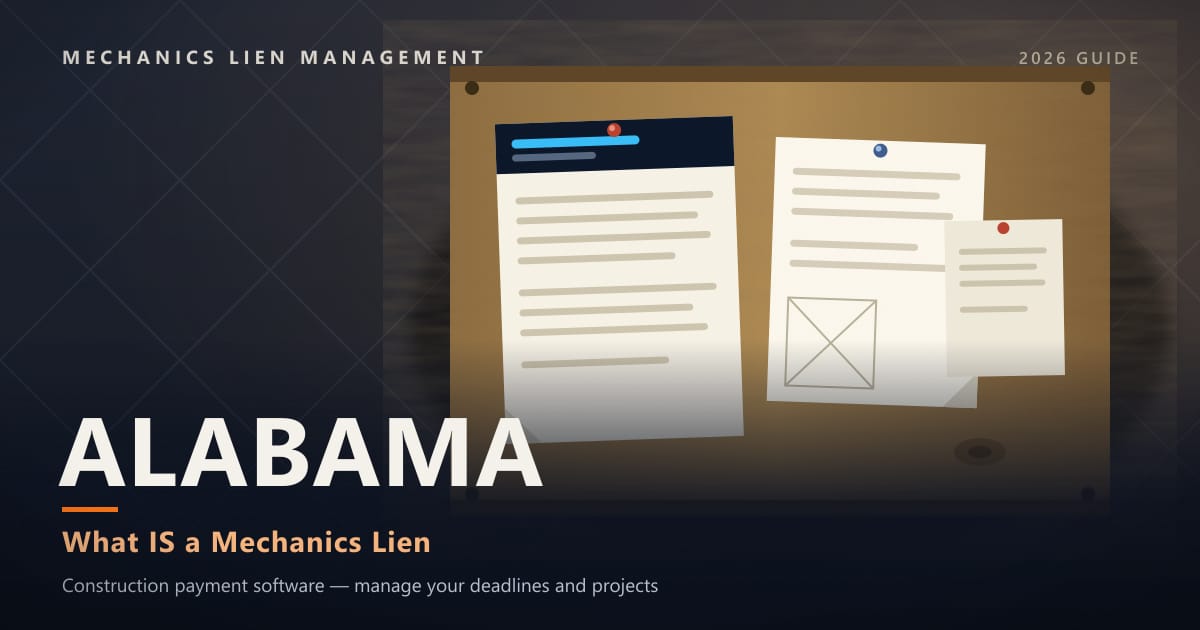 Alabama What IS a Mechanics Lien — official construction notices posted on a jobsite permit board (Mechanics Lien Management What IS a Mechanics Lien guide, 2026)