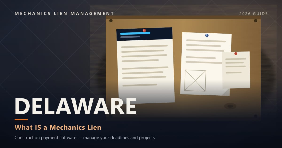 Delaware What IS a Mechanics Lien — official construction notices posted on a jobsite permit board (Mechanics Lien Management What IS a Mechanics Lien guide, 2026)