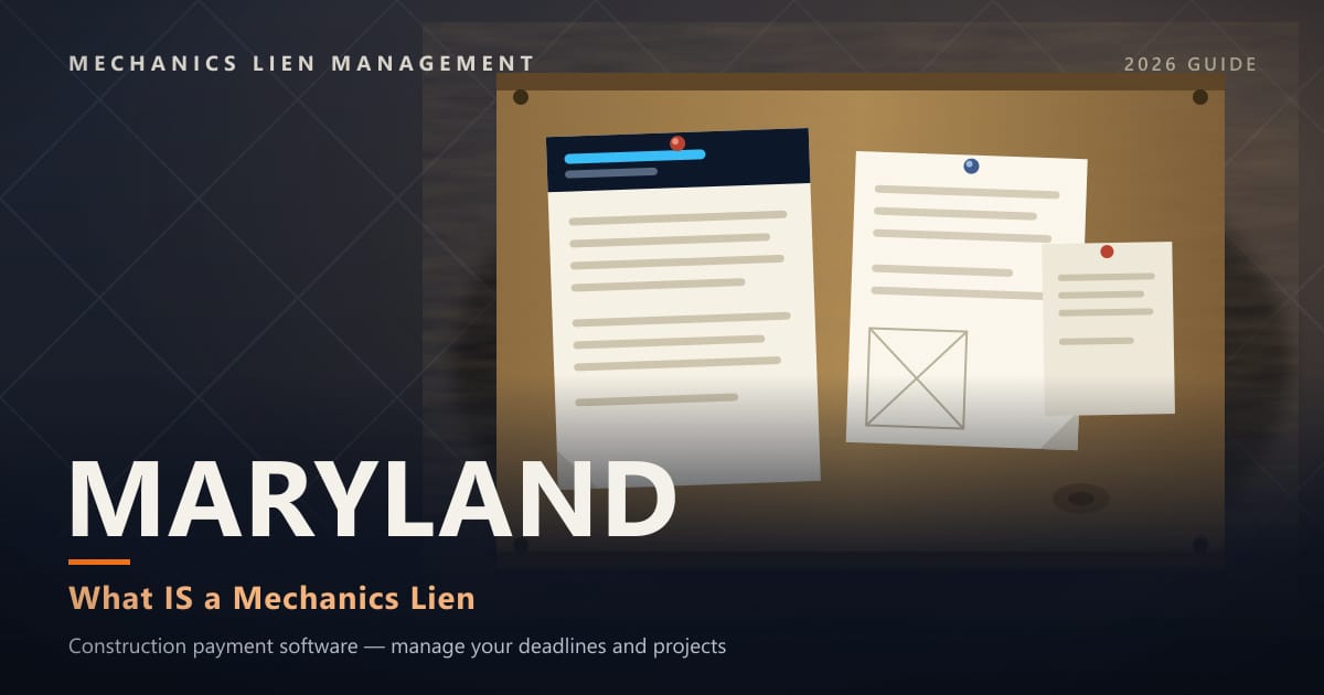 Maryland What IS a Mechanics Lien — official construction notices posted on a jobsite permit board (Mechanics Lien Management What IS a Mechanics Lien guide, 2026)