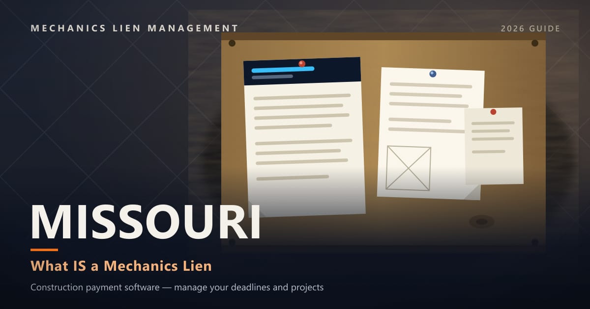 Missouri What IS a Mechanics Lien — official construction notices posted on a jobsite permit board (Mechanics Lien Management What IS a Mechanics Lien guide, 2026)
