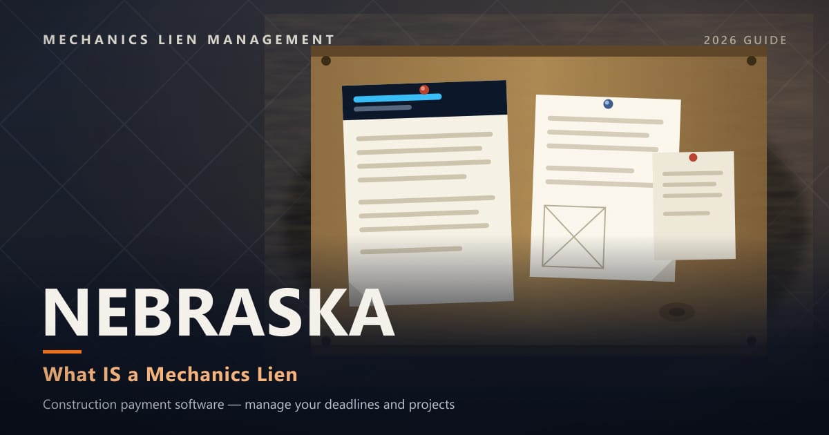 Nebraska What IS a Mechanics Lien — official construction notices posted on a jobsite permit board (Mechanics Lien Management What IS a Mechanics Lien guide, 2026)
