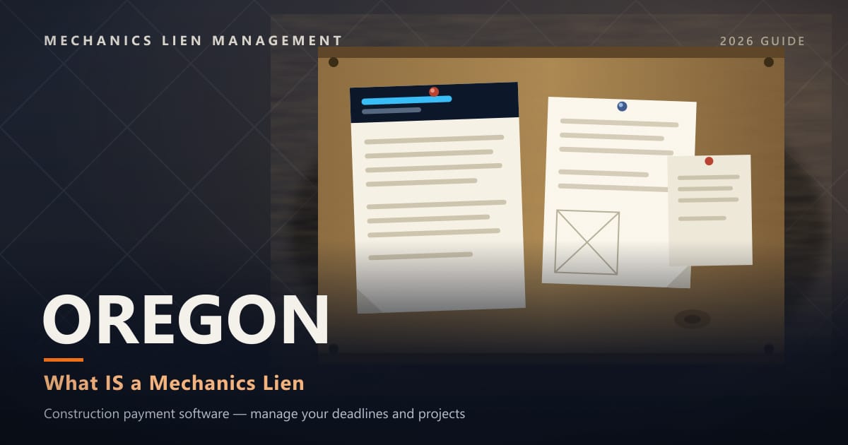 Oregon What IS a Mechanics Lien — official construction notices posted on a jobsite permit board (Mechanics Lien Management What IS a Mechanics Lien guide, 2026)