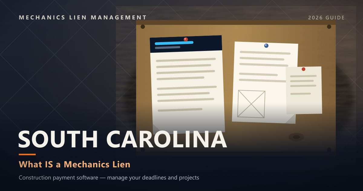 South Carolina What IS a Mechanics Lien — official construction notices posted on a jobsite permit board (Mechanics Lien Management What IS a Mechanics Lien guide, 2026)
