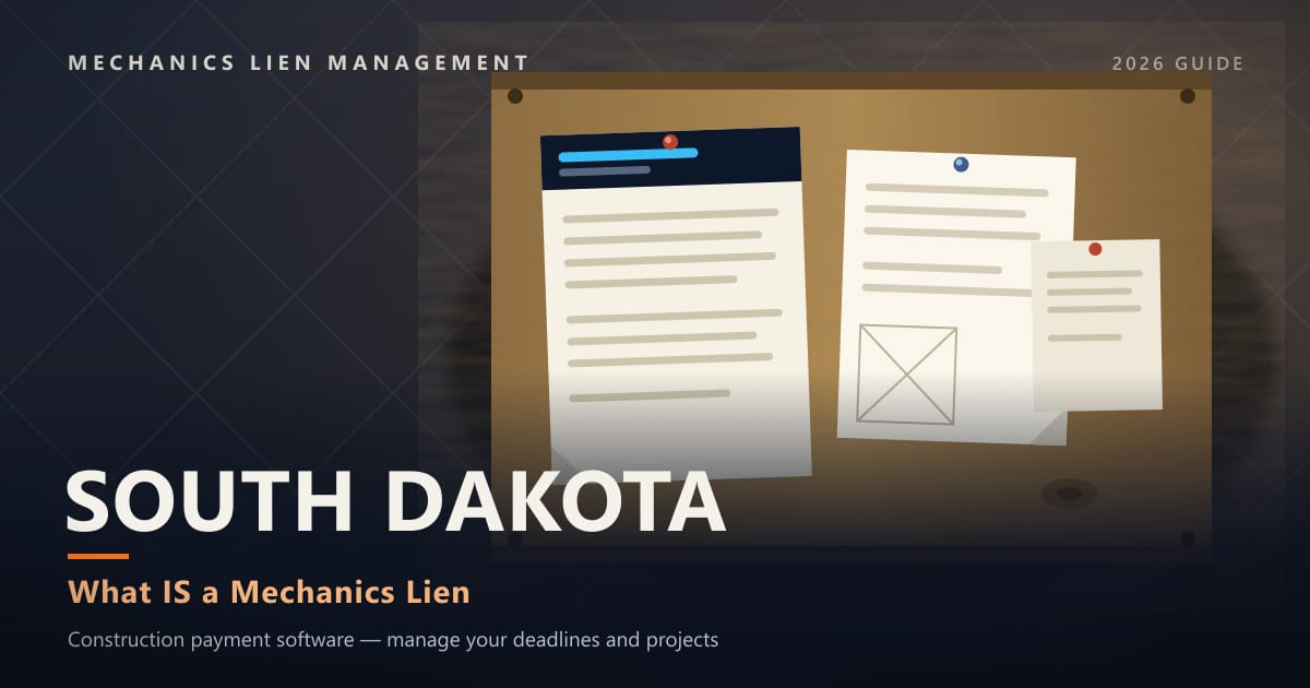 South Dakota What IS a Mechanics Lien — official construction notices posted on a jobsite permit board (Mechanics Lien Management What IS a Mechanics Lien guide, 2026)