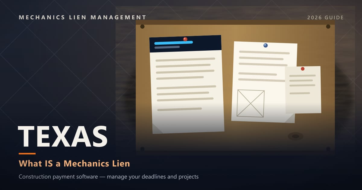 Texas What IS a Mechanics Lien — official construction notices posted on a jobsite permit board (Mechanics Lien Management What IS a Mechanics Lien guide, 2026)
