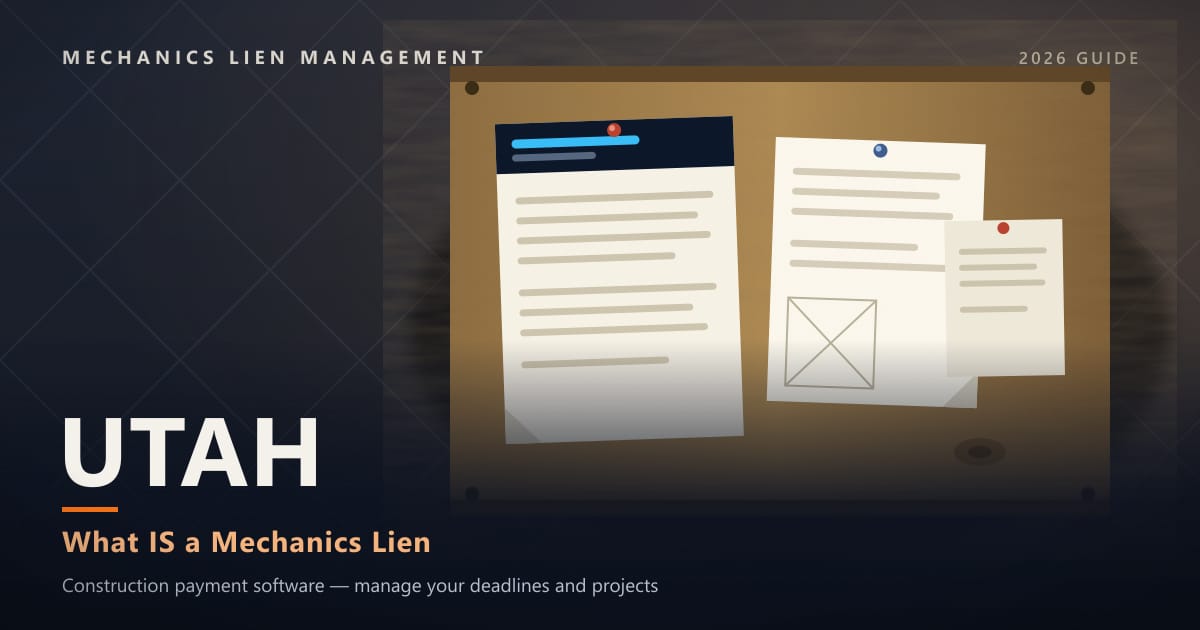 Utah What IS a Mechanics Lien — official construction notices posted on a jobsite permit board (Mechanics Lien Management What IS a Mechanics Lien guide, 2026)
