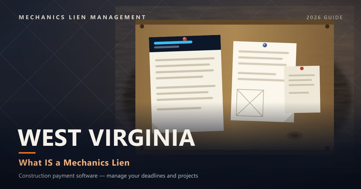 West Virginia What IS a Mechanics Lien — official construction notices posted on a jobsite permit board (Mechanics Lien Management What IS a Mechanics Lien guide, 2026)