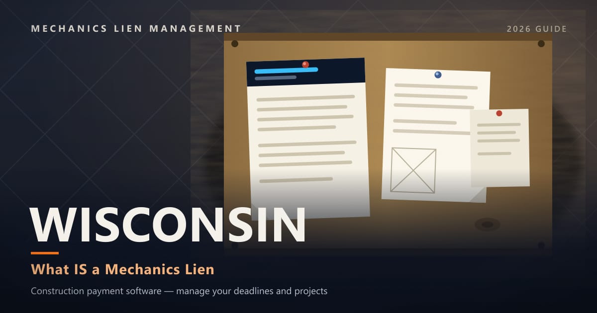 Wisconsin What IS a Mechanics Lien — official construction notices posted on a jobsite permit board (Mechanics Lien Management What IS a Mechanics Lien guide, 2026)