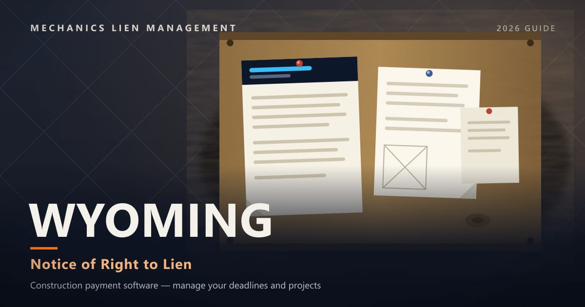 Wyoming Notice of Right to Lien — official construction notices posted on a jobsite permit board (Mechanics Lien Management Notice of Right to Lien guide, 2026)